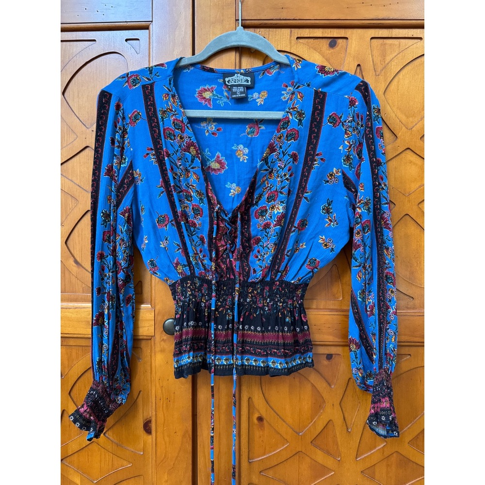 Angie Blue Floral Lace Up Smocked Waist Boho Blouse Long Sleeve Size L